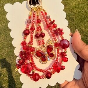 Butterfly Red Beaded Phone Wristlet Keychain Crystal Phone Strap Handmade Bag